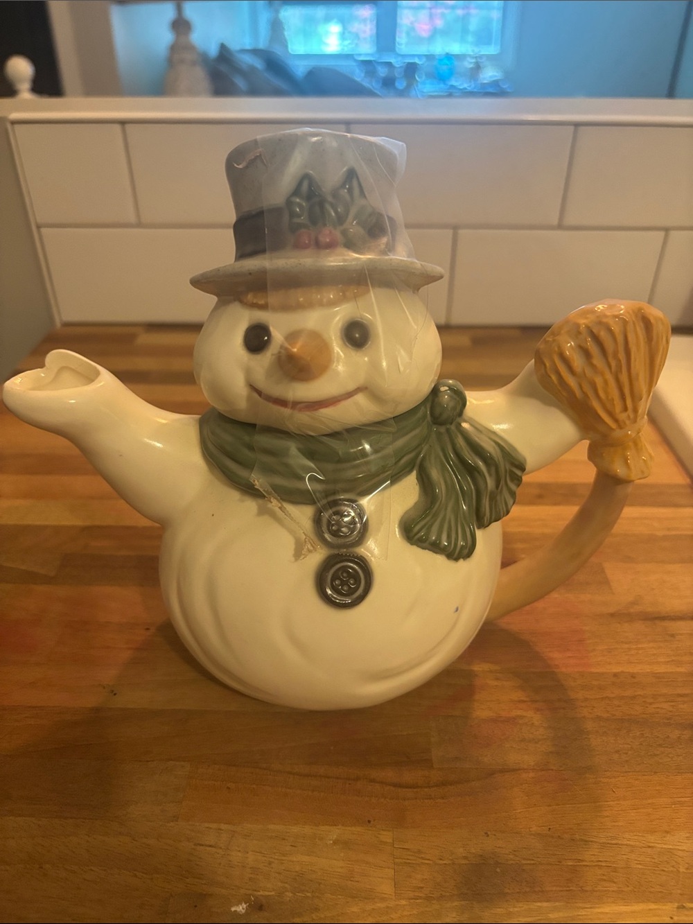 Ceramic Snowman Teapot with Green Scarf and Gray Hat